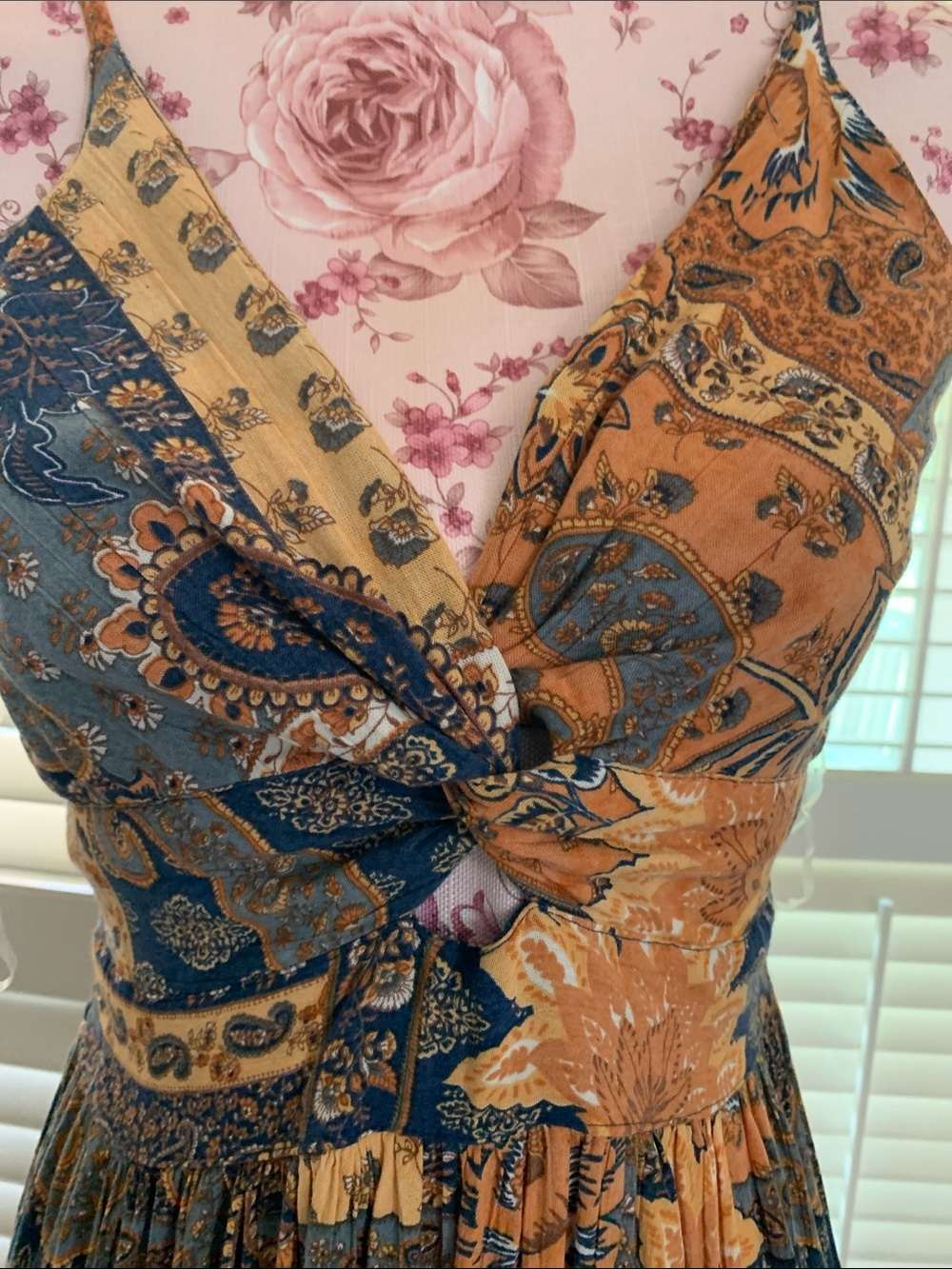 Angie Bohemian Floral Maxi Dress in blue and orange hues. - Picture 2 of 5